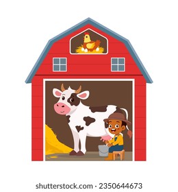 little kid milking cow inside red barn