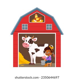 little kid milking cow inside red barn