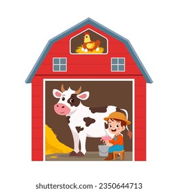 little kid milking cow inside red barn