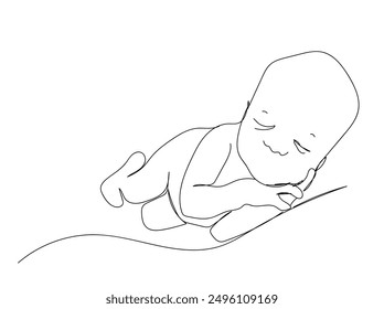 Little kid in the minimalist style. One line drawing illustration of a baby. Vector Abstract line drawing of small cute baby sitting. 