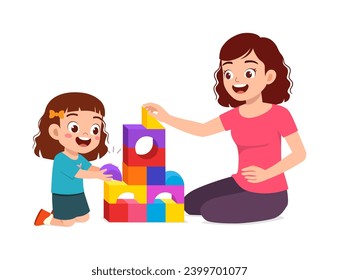 little kid and mother playing brick together