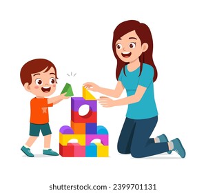 little kid and mother playing brick together