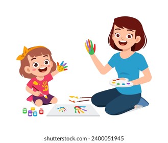 little kid and mother using hand to make paint art