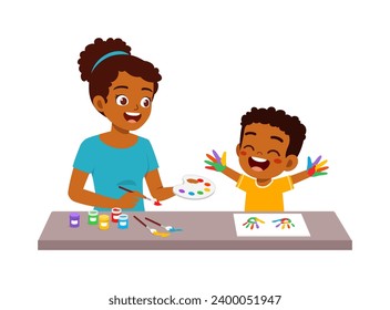 little kid and mother using hand to make paint art