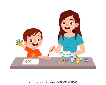 little kid and mother using hand to make paint art