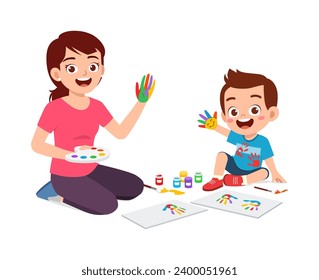 little kid and mother using hand to make paint art