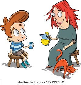 Little kid and old lady drinking lemonade