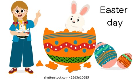 little kid open egg containing bunny, for easter celebration. easter celebration. Flat style vector illustration
Vector Format. easter day
