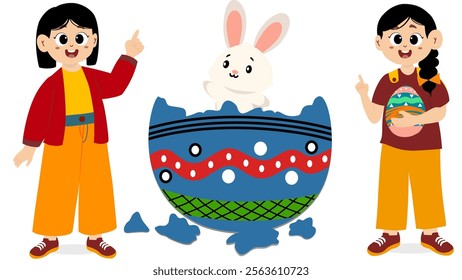little kid open egg containing bunny, for easter celebration. easter celebration. Flat style vector illustration
Vector Format. easter day
