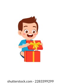little kid opening gift box and feel happy