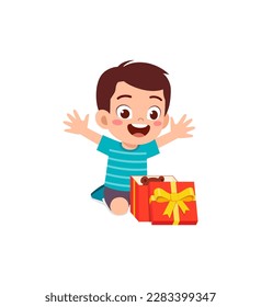 little kid opening gift box and feel happy