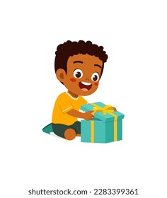 little kid opening gift box and feel happy