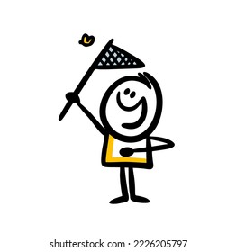 Little kid outdoor with butterfly net during summer holidays. Vector illustration of funny child having fun.