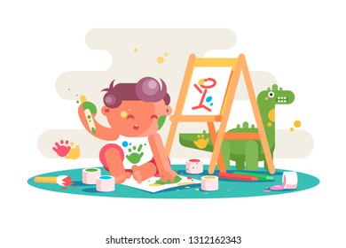 Little kid painting picture on easel vector illustration. Smiling young artist learning to draw with multicolored paints flat style design. Concept of happy childhood