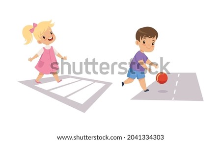 Little Kid Pedestrian Learning Road Sign and Traffic Rule Crossing Crosswalk and Playing Ball on Roadway Vector Set