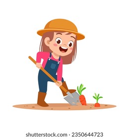 little kid planting carrot and feel happy