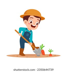 little kid planting carrot and feel happy