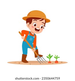 little kid planting carrot and feel happy