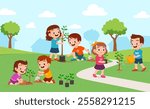 little kid planting tree and feel happy with friends