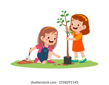 little kid planting tree and feel happy
