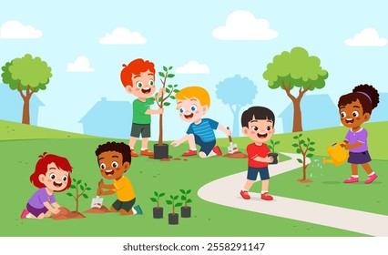 little kid planting tree and feel happy with friends