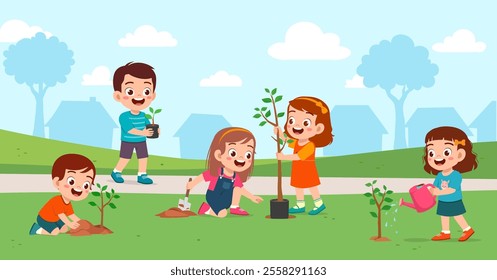 little kid planting tree and feel happy with friends