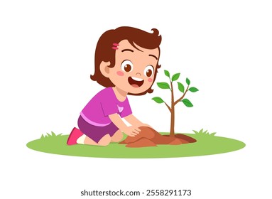 little kid planting tree and feel happy