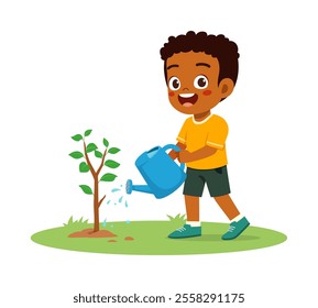 little kid planting tree and feel happy