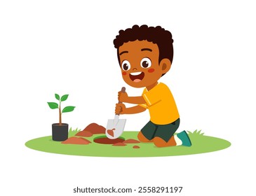 little kid planting tree and feel happy