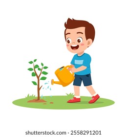 little kid planting tree and feel happy