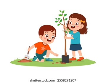 little kid planting tree and feel happy