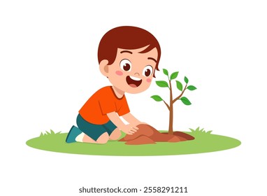 little kid planting tree and feel happy