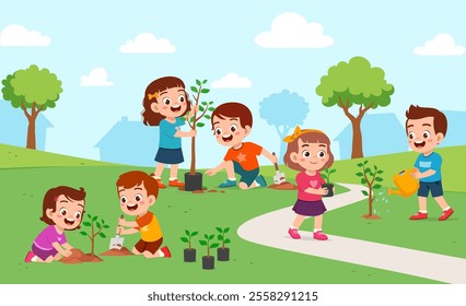 little kid planting tree and feel happy with friends