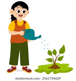 little kid planting tree and feel happy. Happy cute little kid watering plants with watering can in the garden. little kid Working In The Garden. Spring Gardening. Garden Watering Vector Illustration.