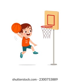 little kid play basketball and feel happy