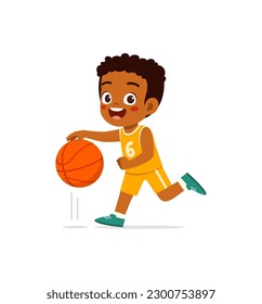 little kid play basketball and feel happy