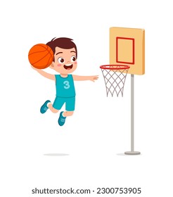 little kid play basketball and feel happy