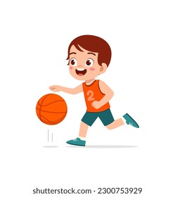 little kid play basketball and feel happy