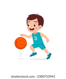 little kid play basketball and feel happy