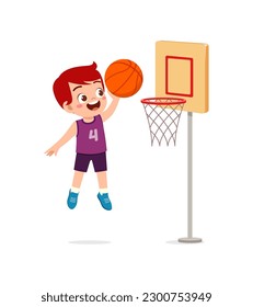 little kid play basketball and feel happy