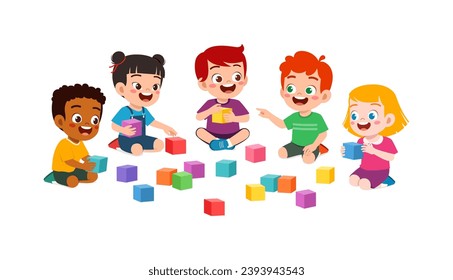 little kid play block brick with friend