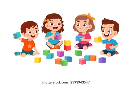 little kid play block brick with friend