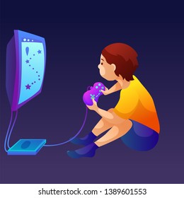 Little kid play computer games vector illustration. School boy sitting alone on floor with remote game console flat character. Teenager evening leisure time activity, After school pastime