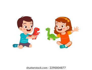 little kid play a dinosaur toy with friend and feel happy