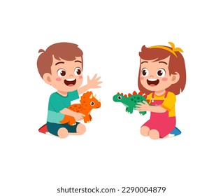 little kid play a dinosaur toy with friend and feel happy