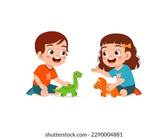 little kid play a dinosaur toy with friend and feel happy