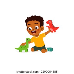 niños pequeños juegan con juguete de dinosaurio y se sienten felices