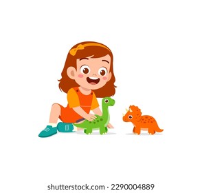 little kid play with dinosaur toy and feel happy