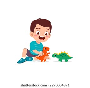 little kid play with dinosaur toy and feel happy