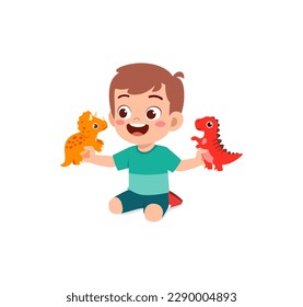 little kid play with dinosaur toy and feel happy